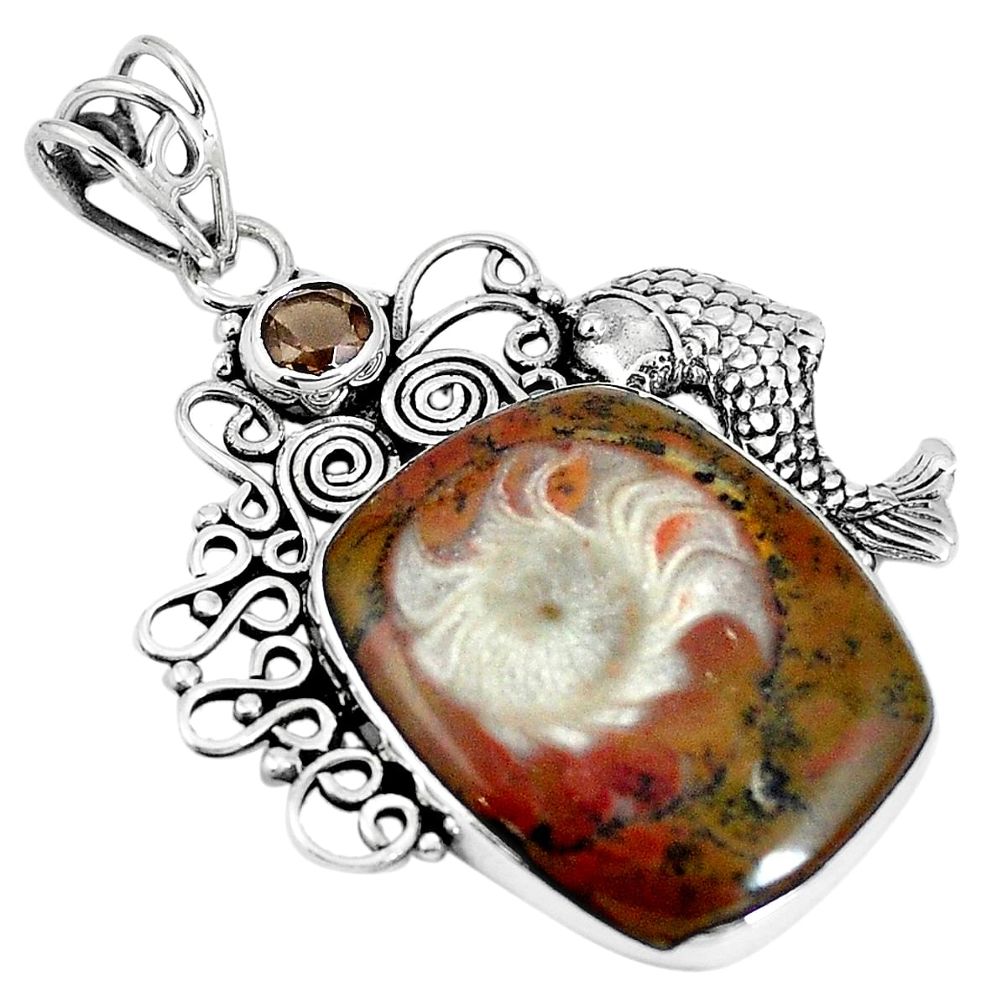 Natural brown ammonite fossil 925 silver fish pendant jewelry m71136