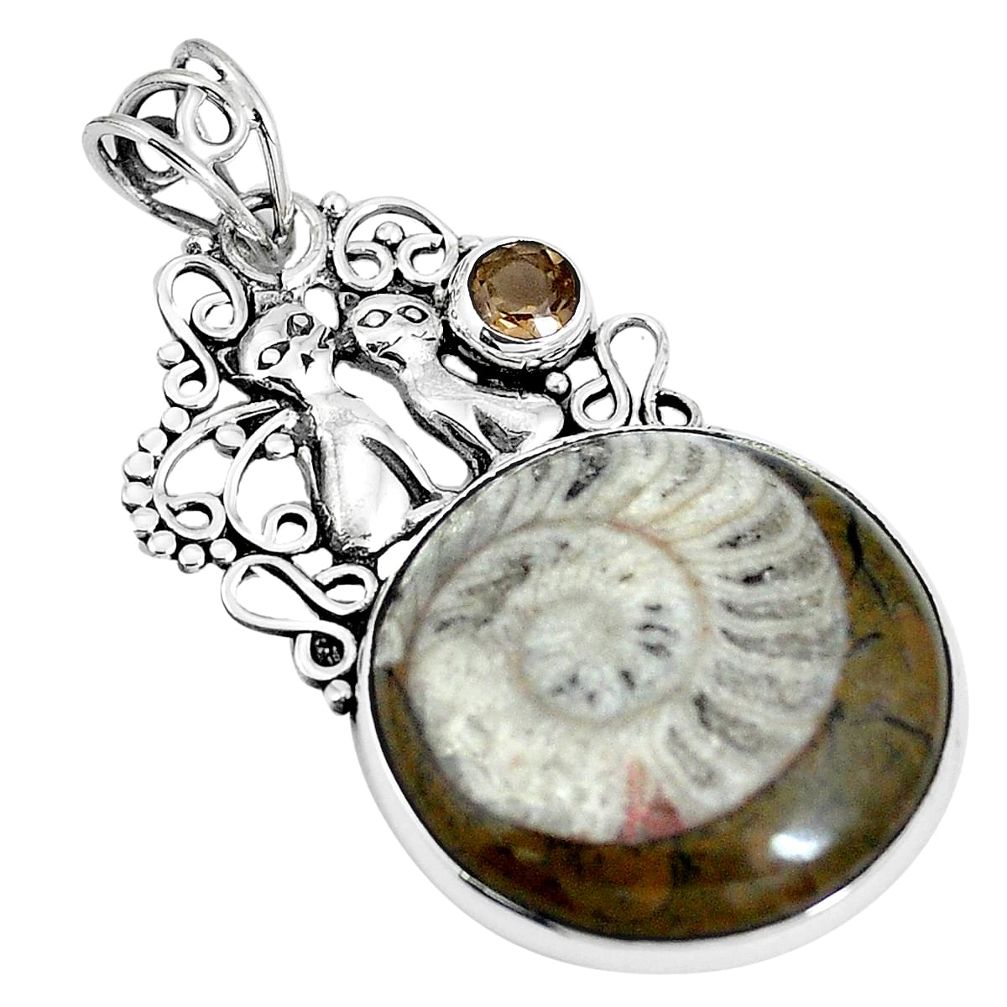 925 silver natural brown ammonite fossil two cats pendant jewelry m71139