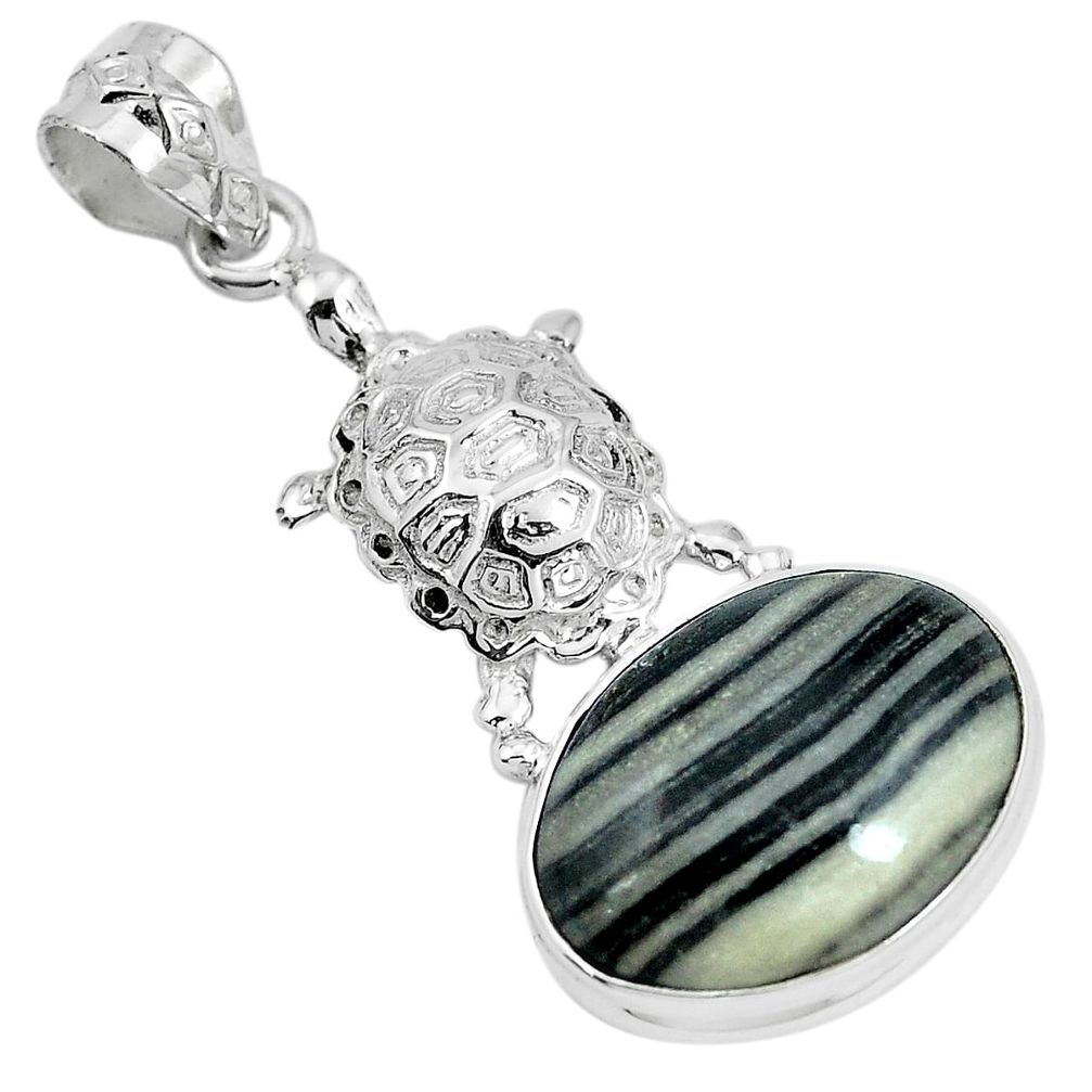 Natural black zebra jasper 925 sterling silver turtle pendant m71325