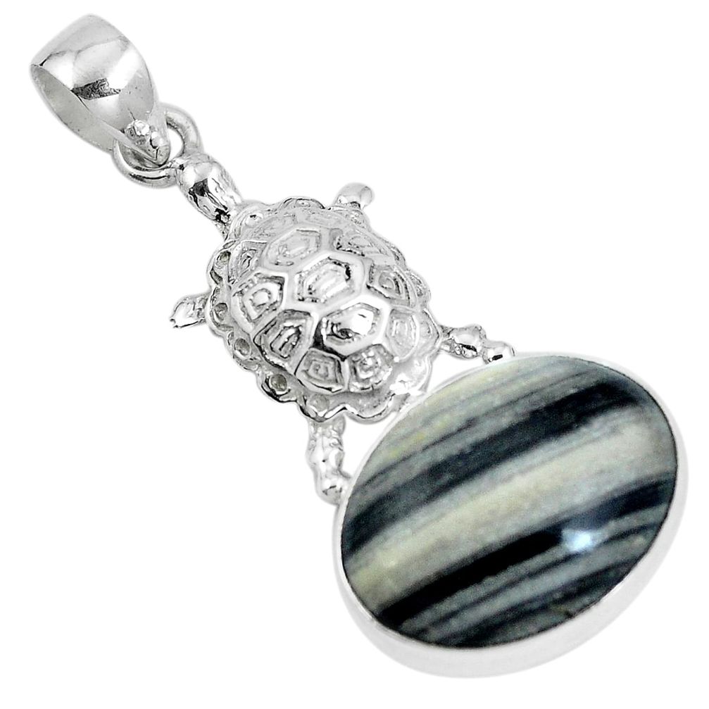 Natural black zebra jasper 925 sterling silver turtle pendant jewelry m71337