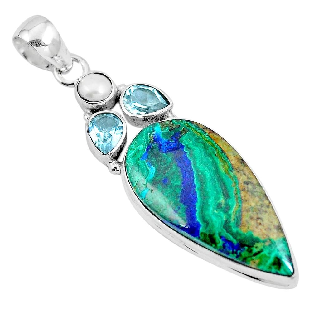 Natural green azurite malachite pear blue topaz 925 silver pendant m71346