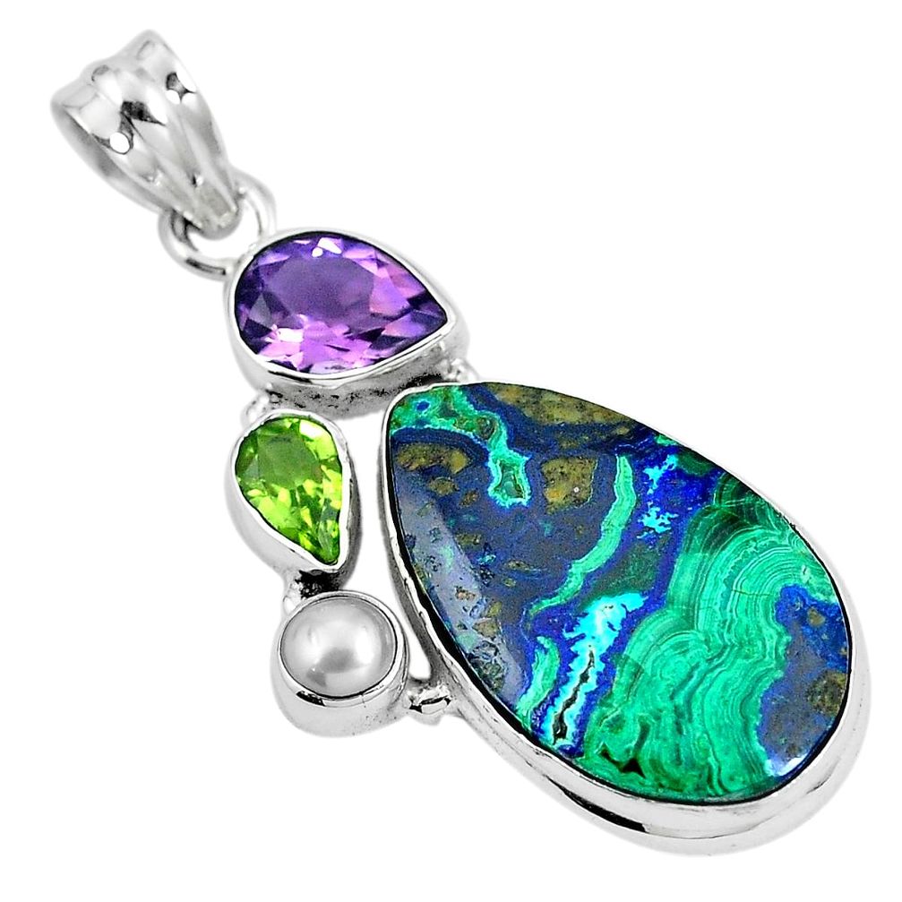 Natural green azurite malachite amethyst peridot 925 silver pendant m71357