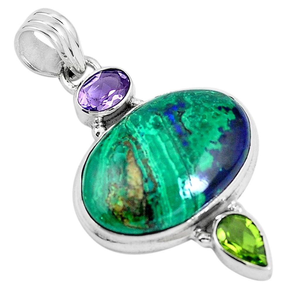 Natural green azurite malachite amethyst 925 silver pendant m71364