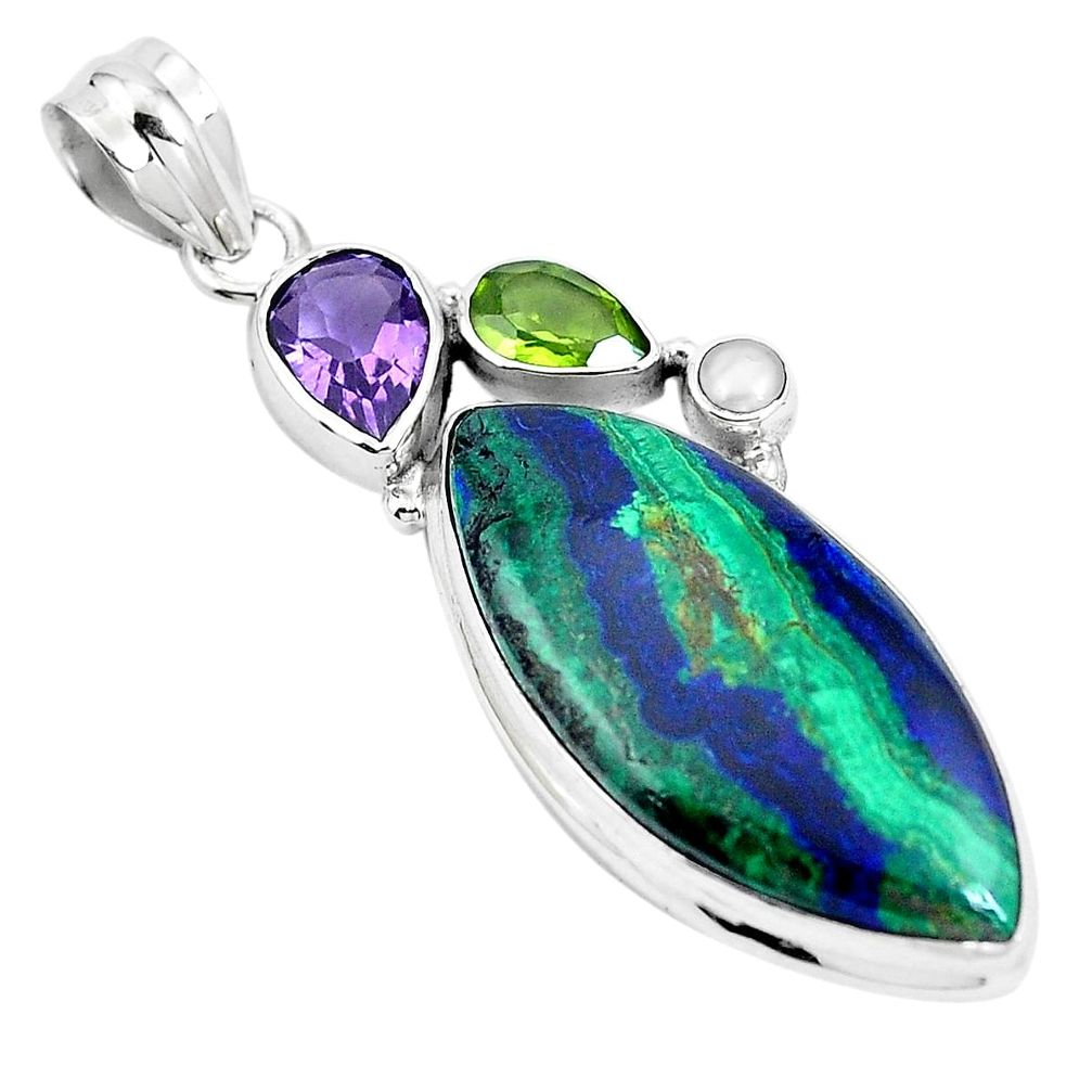 925 silver natural green azurite malachite amethyst pendant m71369