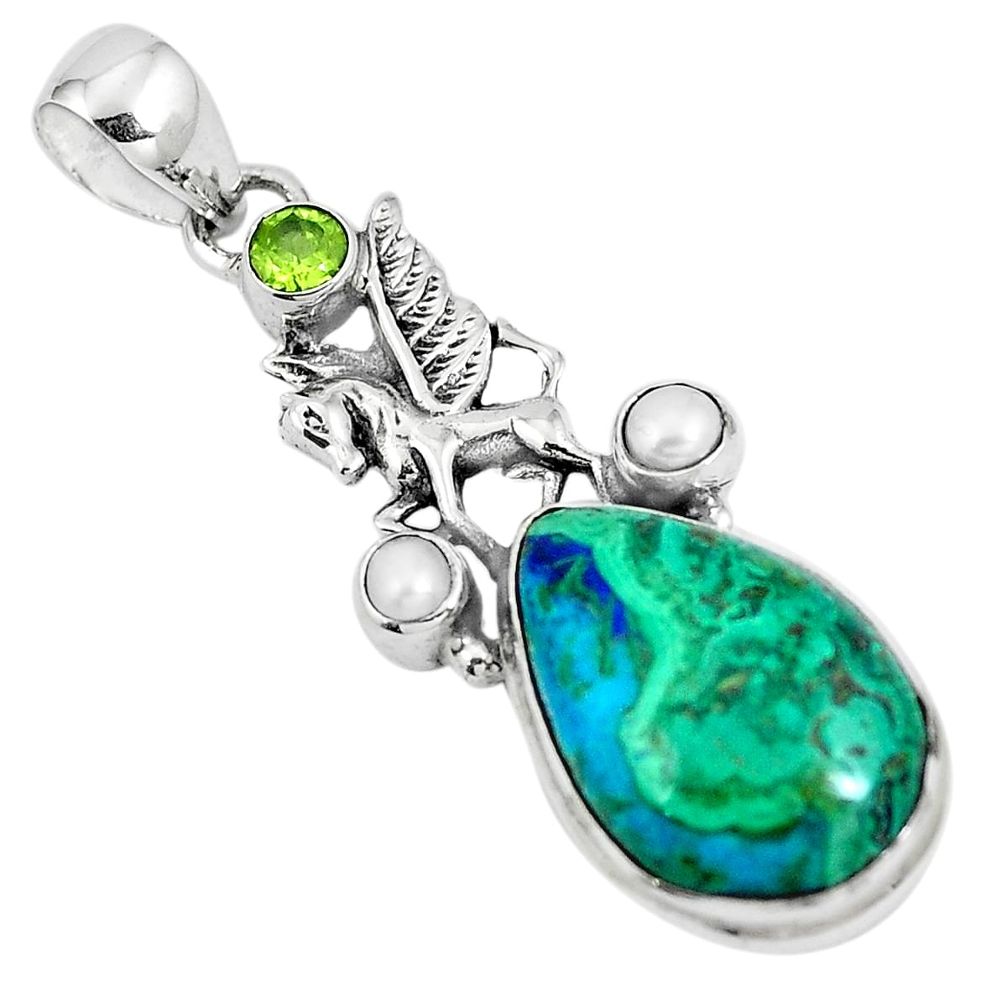 Natural green azurite malachite pearl 925 silver unicorn pendant m71374