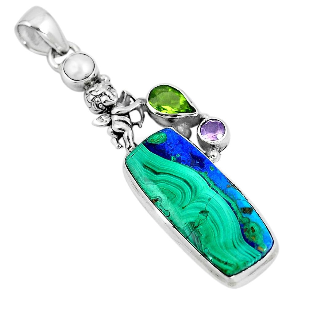 Natural green azurite malachite 925 silver cupid angel wings pendant m71378