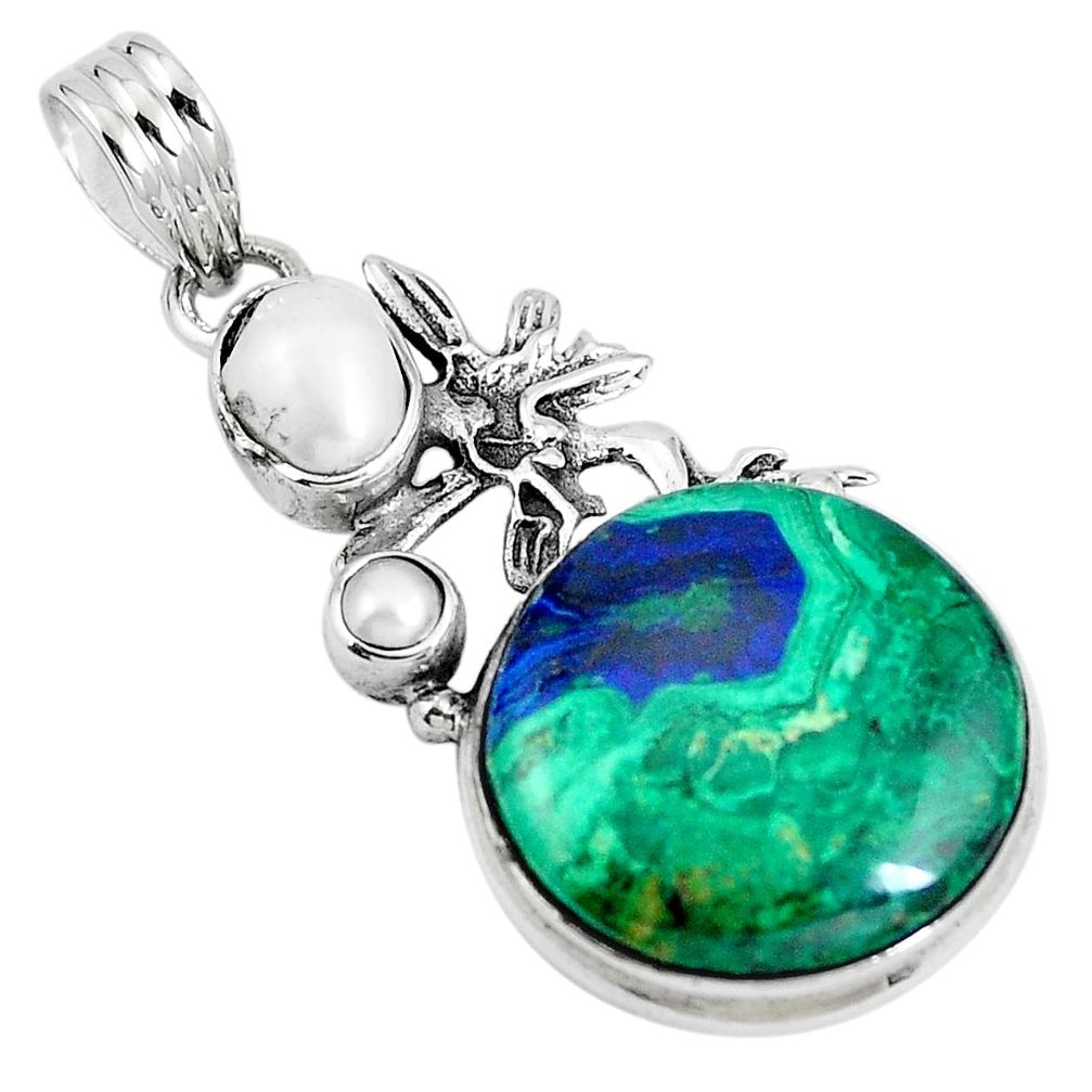 Natural green azurite malachite 925 silver angel wings fairy pendant m71380