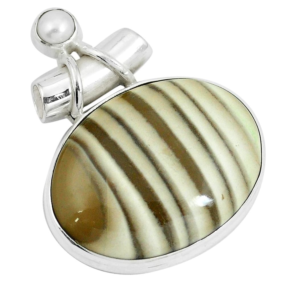 Natural grey striped flint ohio white pearl 925 silver pendant m71683