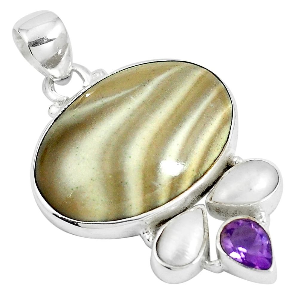 Natural grey striped flint ohio amethyst pearl 925 silver pendant m71696