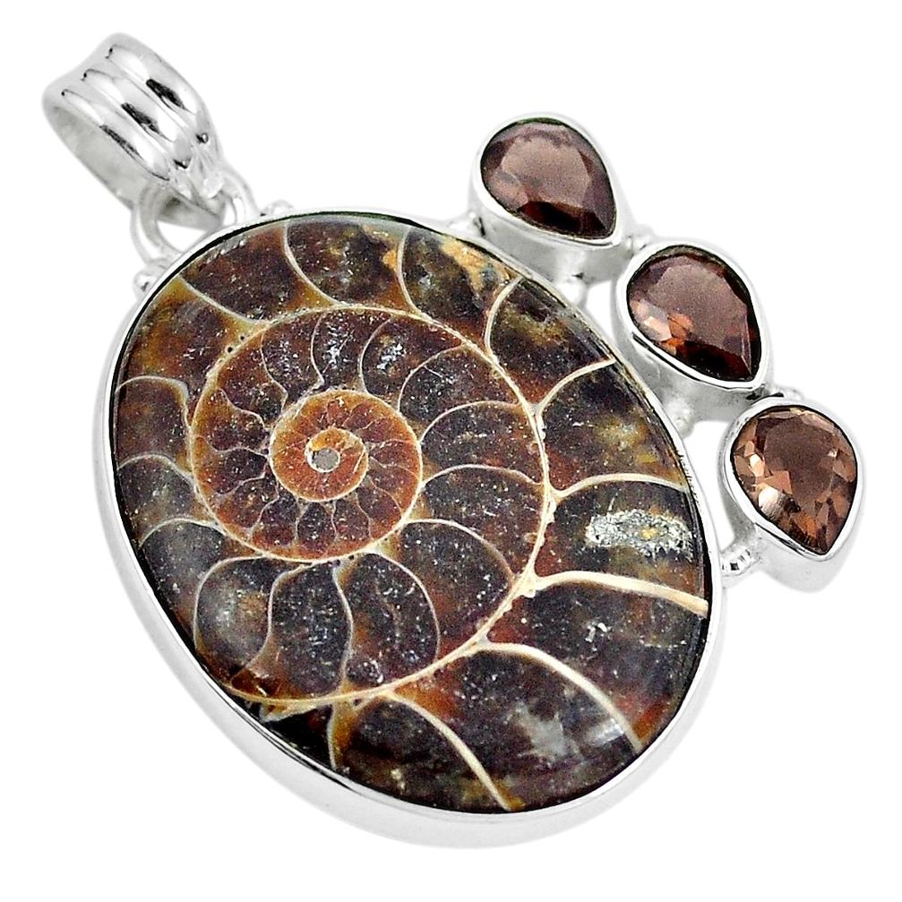 Natural brown ammonite fossil smoky topaz 925 silver pendant jewelry m71725