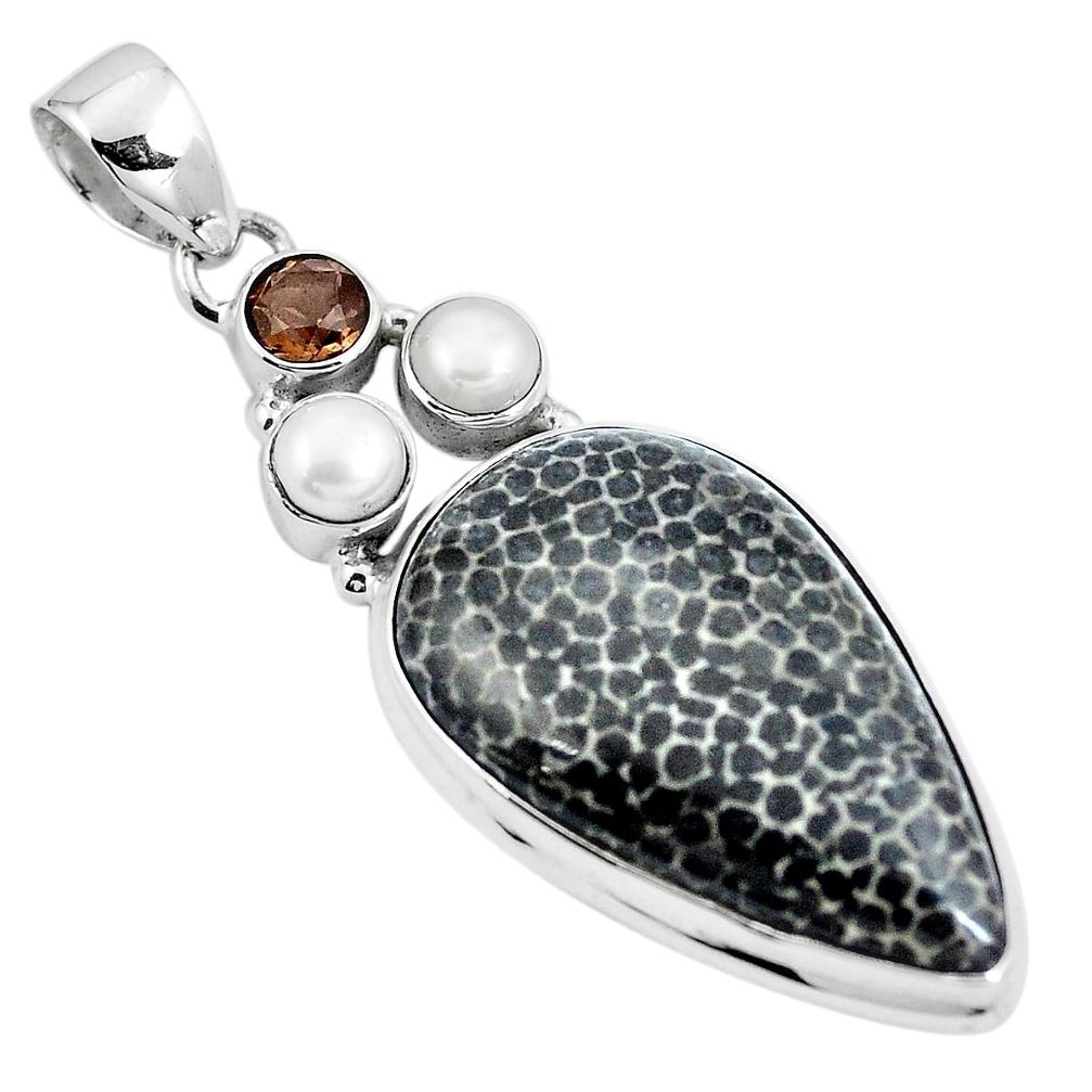 Natural black stingray coral from alaska pearl 925 silver pendant m72086