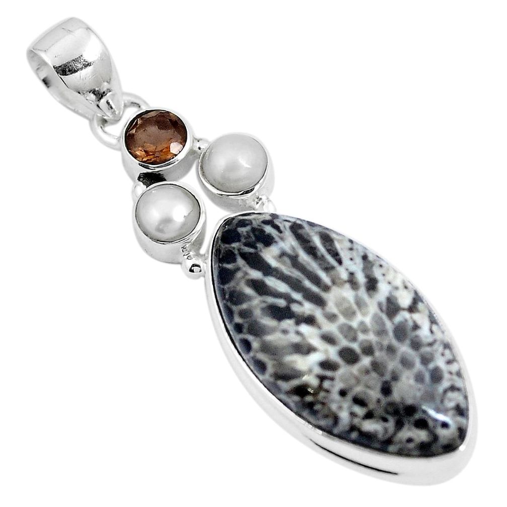 Natural black stingray coral from alaska pearl 925 silver pendant m72087