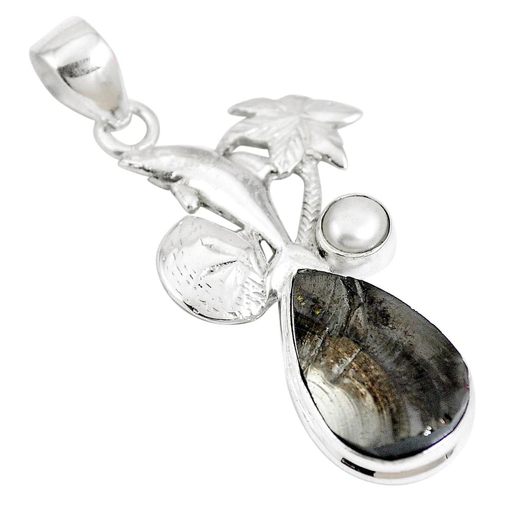 Natural black shungite pearl 925 sterling silver dolphin pendant m72762