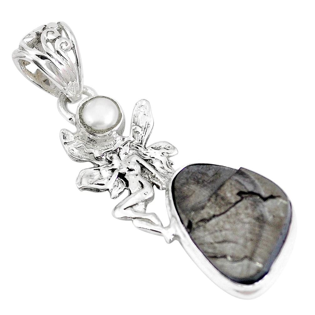 925 silver natural black shungite pearl angel wings fairy pendant m72768