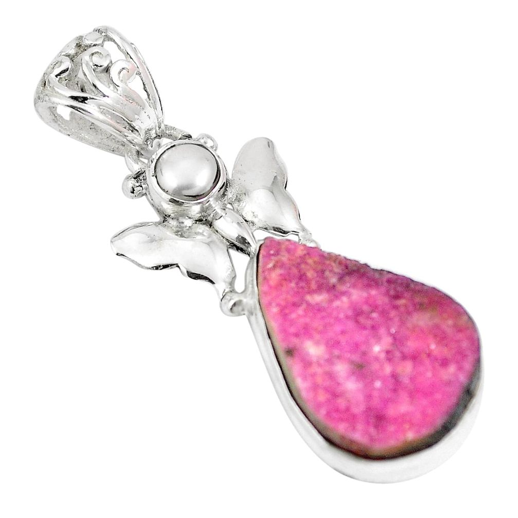 Natural pink cobalt druzy white pearl 925 silver butterfly pendant m72769