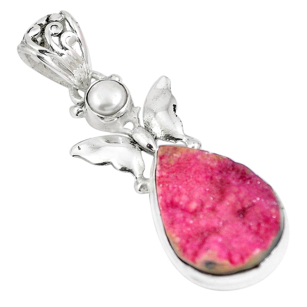 Natural pink cobalt druzy pearl 925 silver butterfly pendant m72778