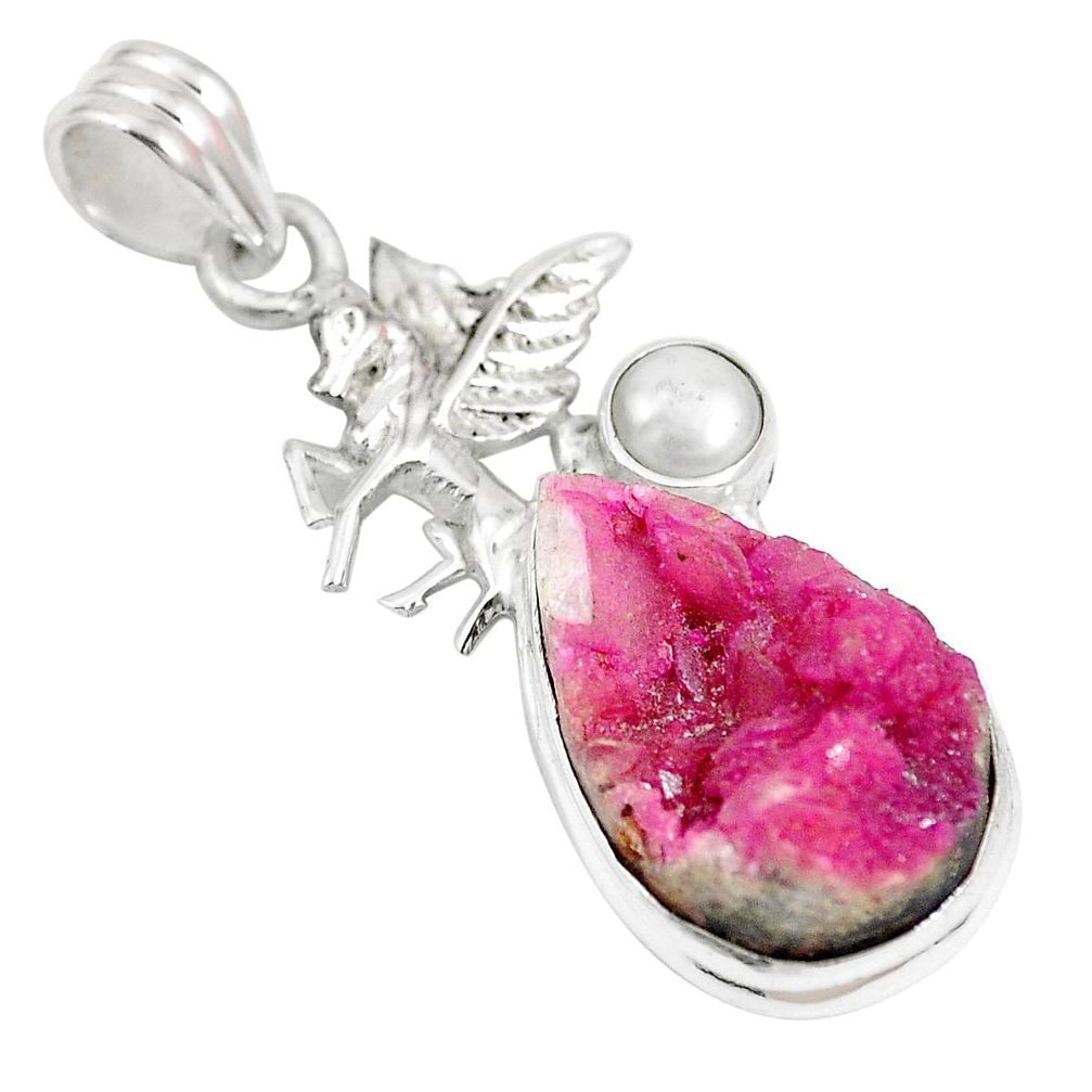 925 silver natural pink cobalt druzy white pearl round horse pendant m72780