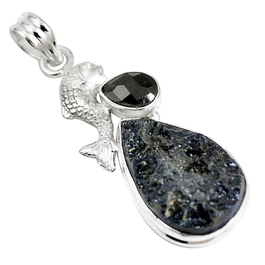 Natural black tektite pearl 925 sterling silver fish pendant m72812