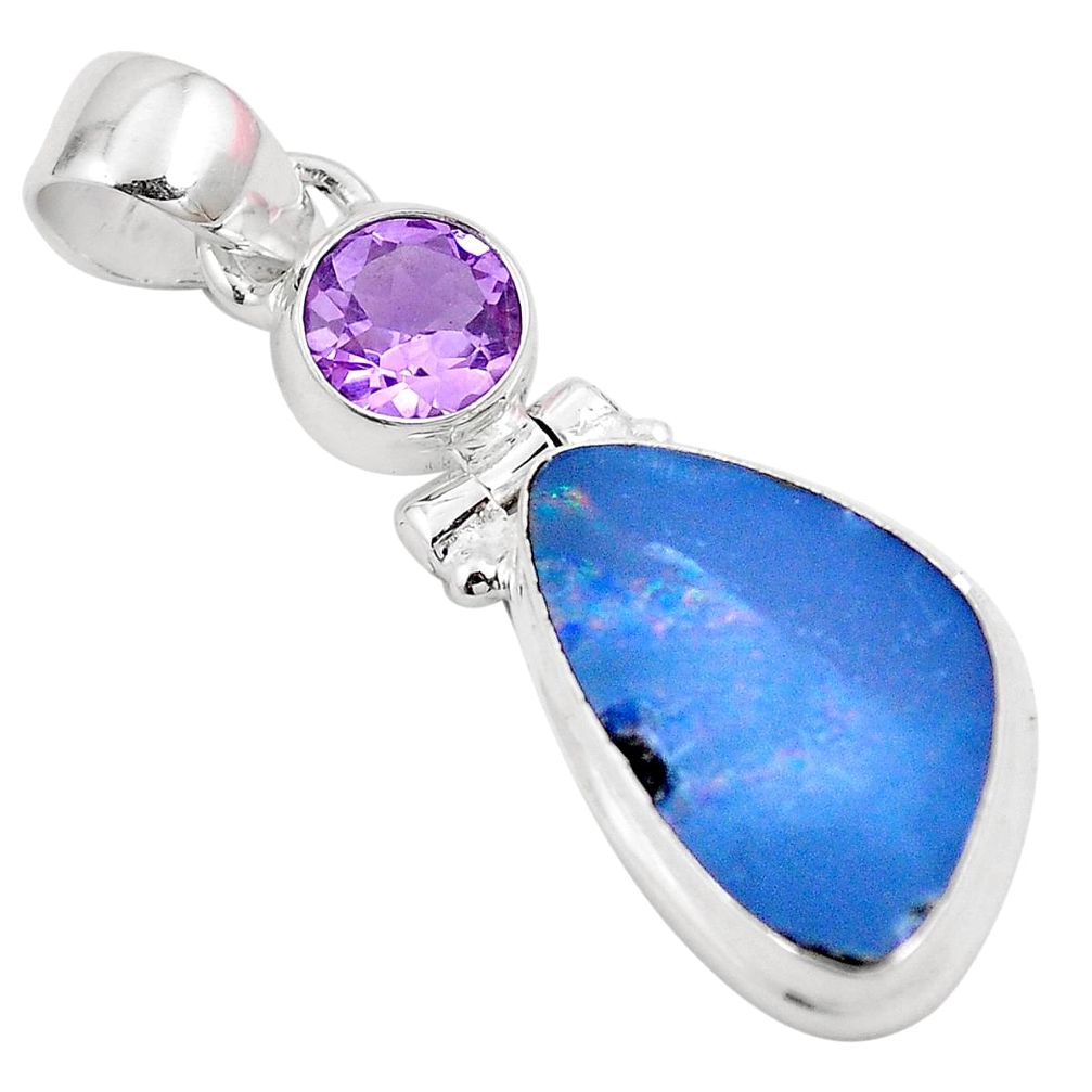 Natural blue doublet opal australian amethyst 925 silver pendant m72872