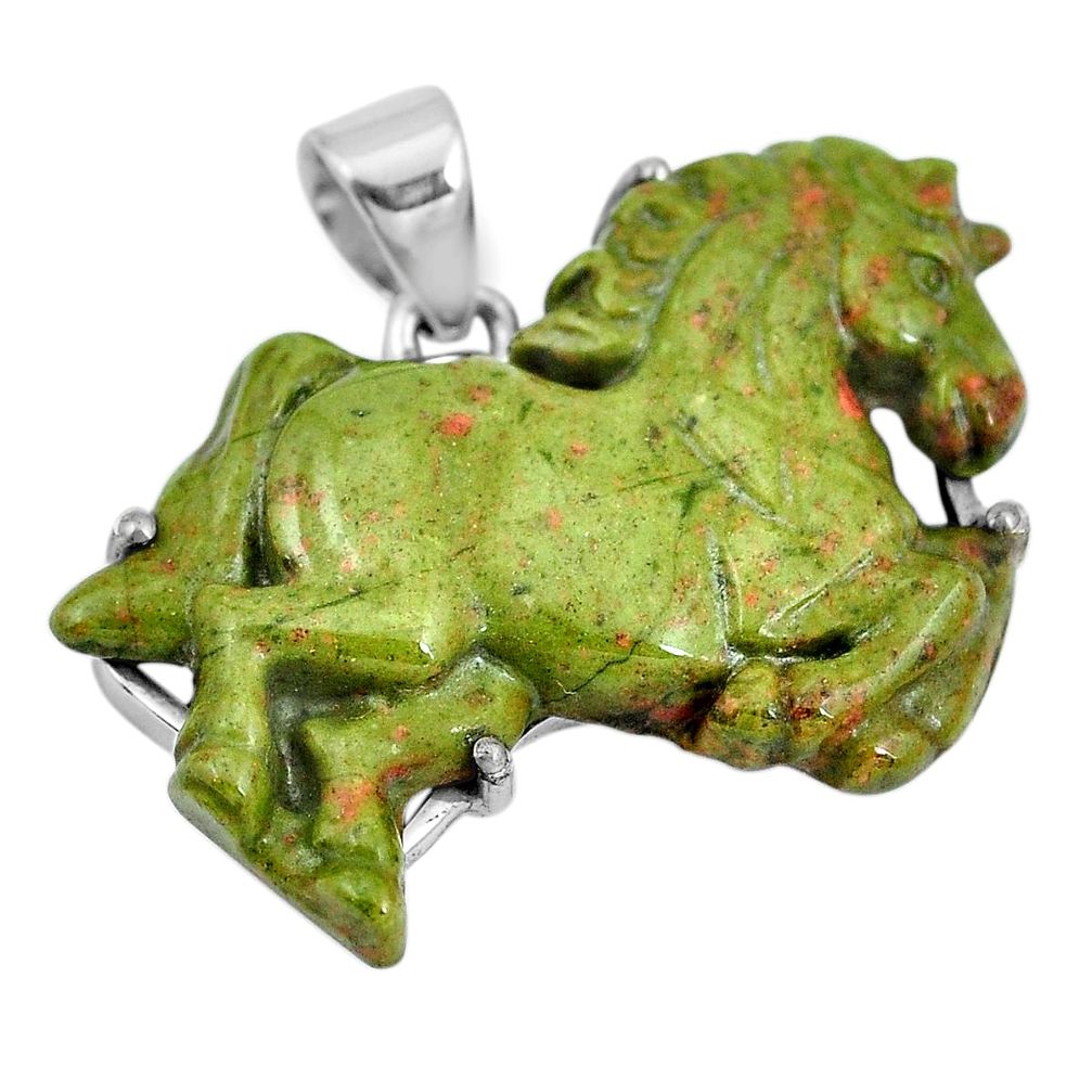 Natural green unakite 925 sterling silver horse carving pendant jewelry m73222