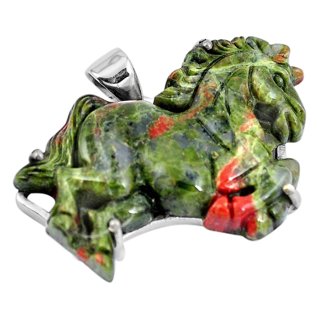 Natural green unakite 925 sterling silver horse carving pendant jewelry m73227