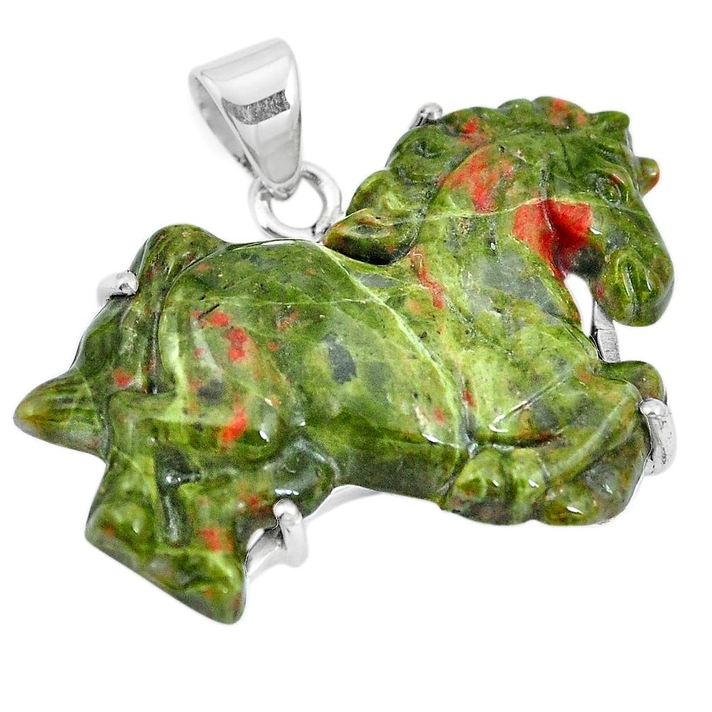 Natural green unakite 925 sterling silver horse pendant jewelry m73239