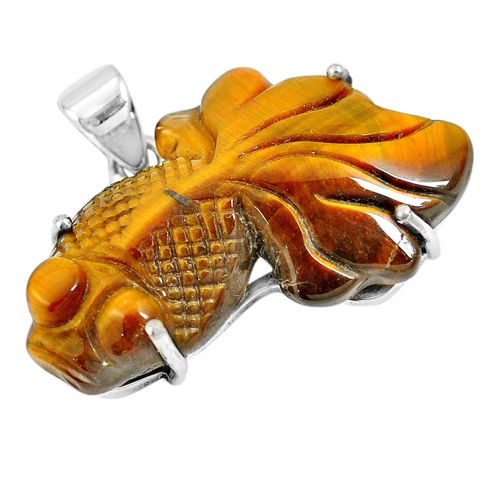 Natural brown tiger's eye 925 sterling silver fish pendant jewelry m73251