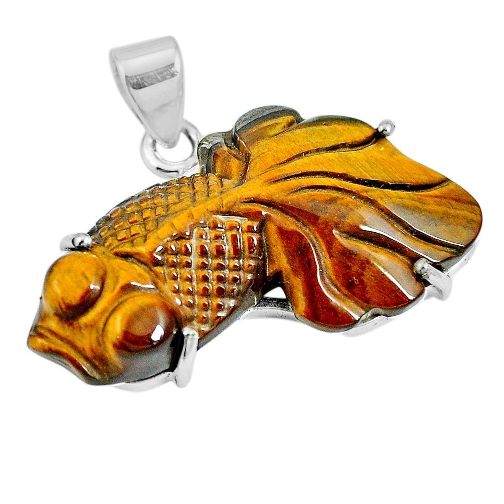 Natural brown tiger's eye 925 sterling silver fish pendant jewelry m73254