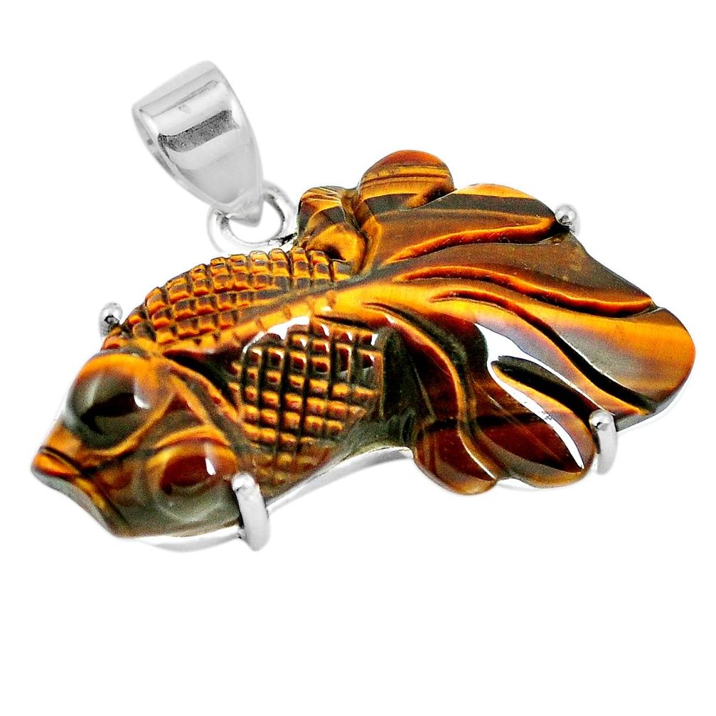 925 sterling silver natural brown tiger's eye fish pendant jewelry m73257