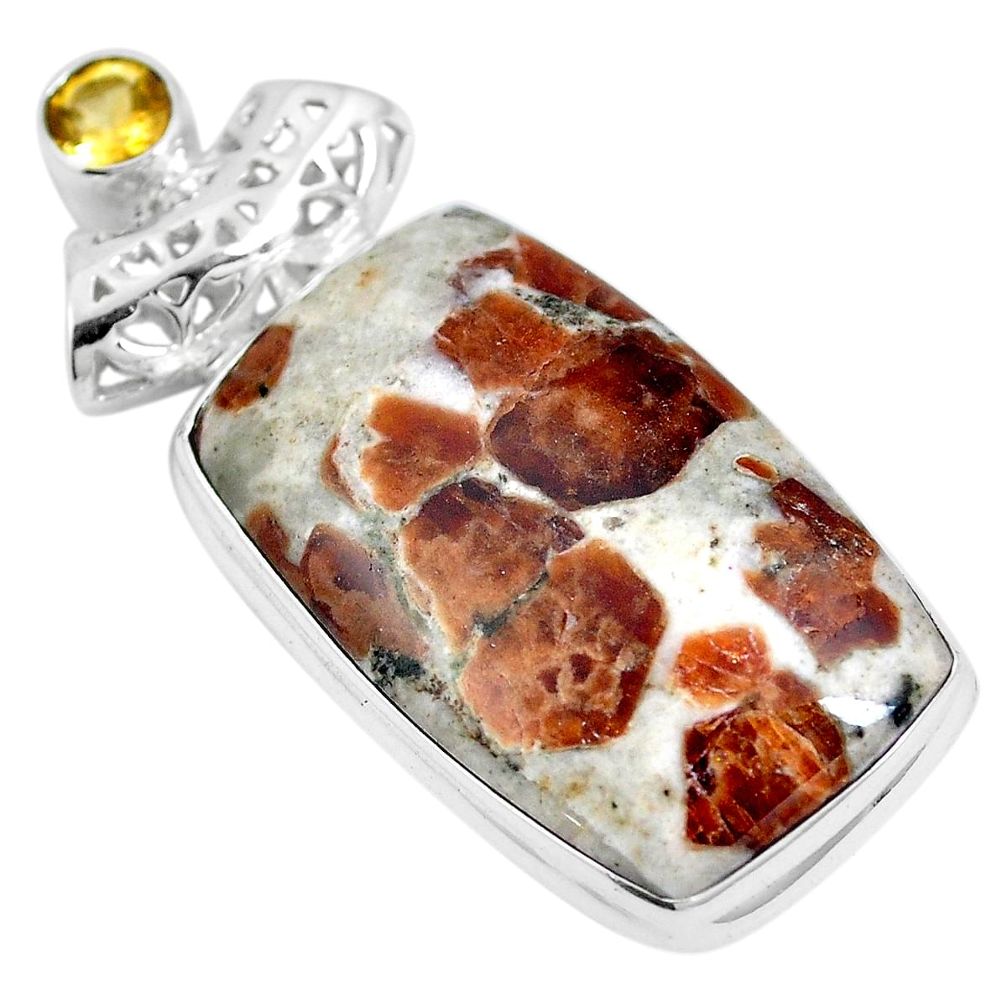 Natural brown garnet in limestone spessartine 925 silver pendant m73277