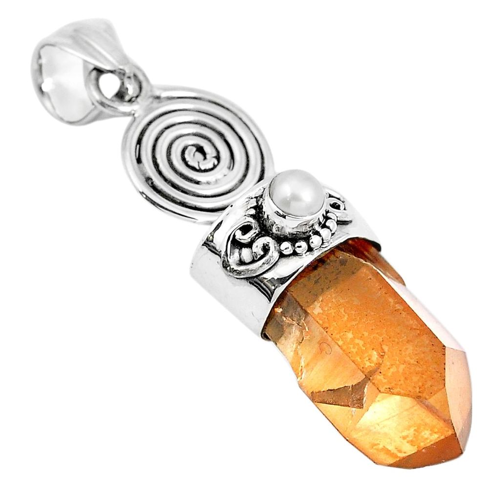 Natural tangerine lemurian quartz pearl 925 silver pendant m73561