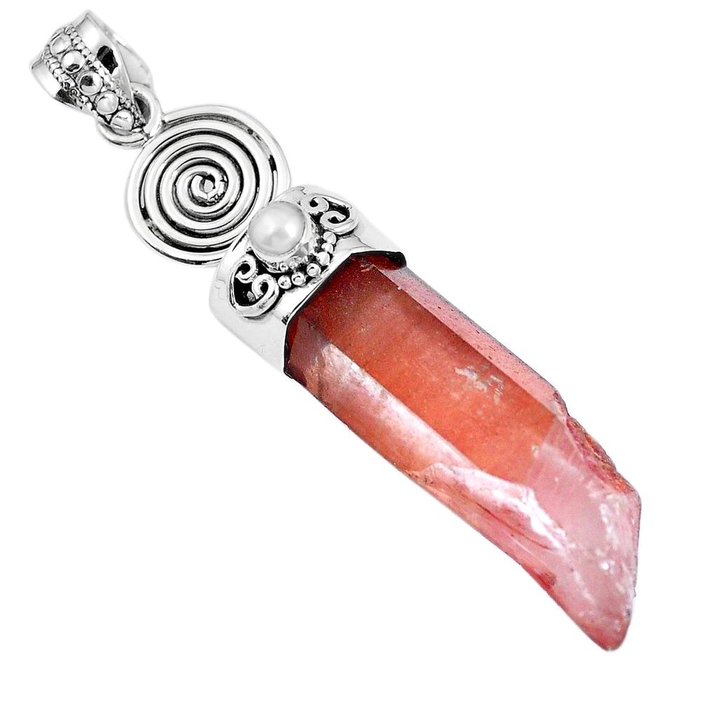 Natural tangerine lemurian quartz pearl 925 silver pendant m73569