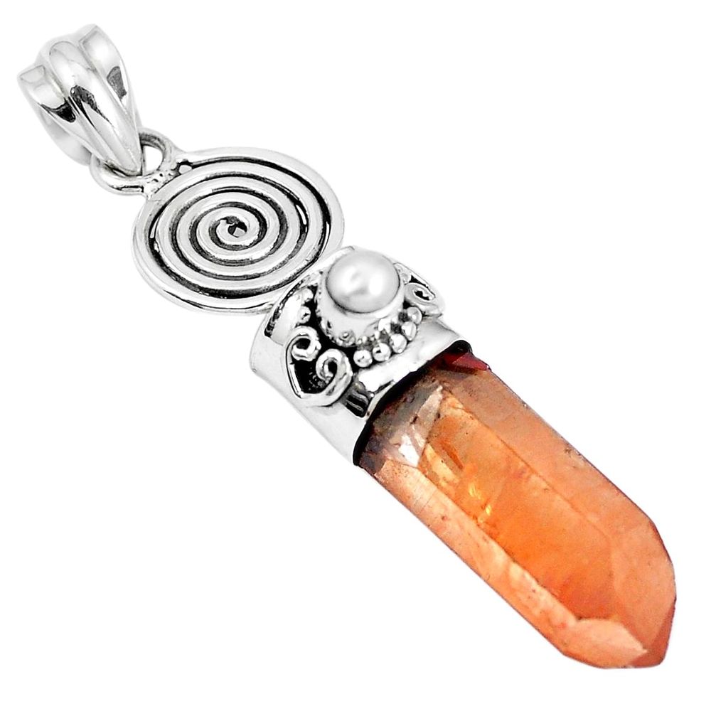 Natural tangerine lemurian quartz pearl 925 silver pendant m73579