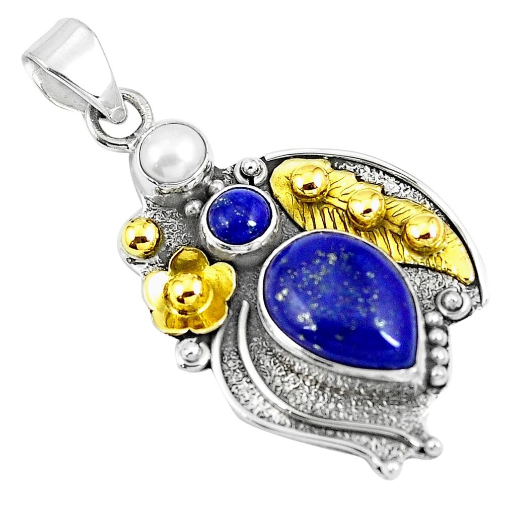 Victorian natural blue lapis lazuli 925 silver two tone pendant m73719