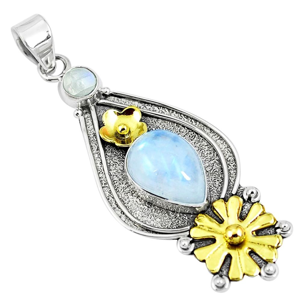 Victorian natural rainbow moonstone 925 silver two tone pendant m73727