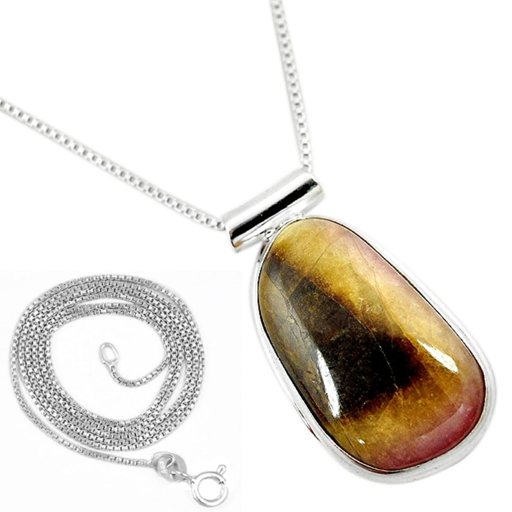 Natural pink bio tourmaline 925 sterling silver 18' chain pendant jewelry m7457