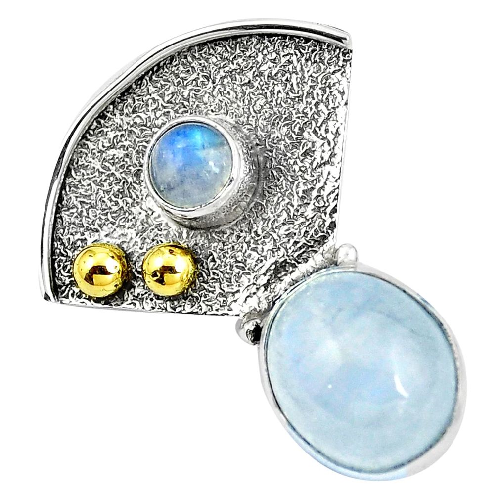 Victorian natural rainbow moonstone 925 silver two tone pendant m74694