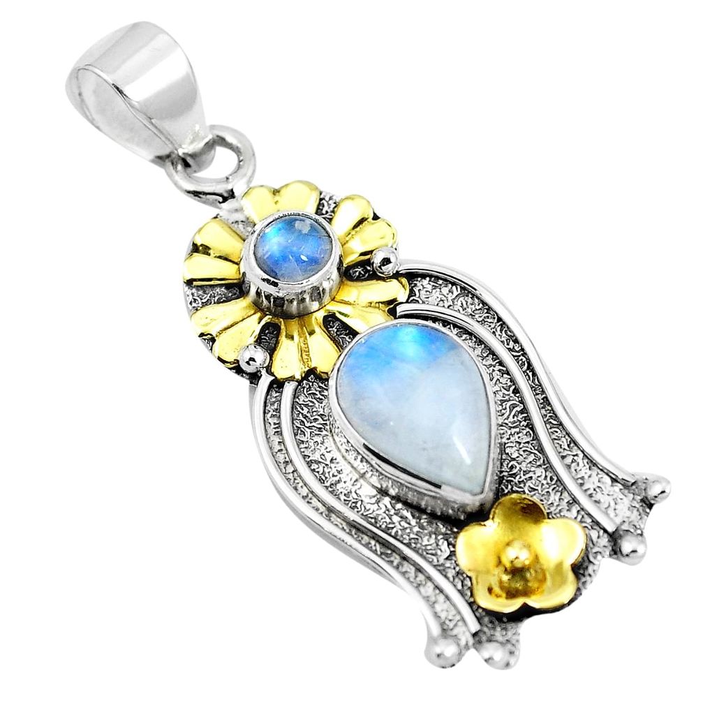Victorian natural rainbow moonstone 925 silver two tone pendant m74707