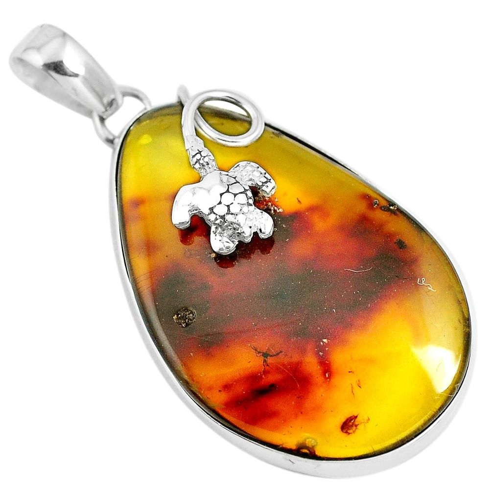 Natural green amber from colombia 925 sterling silver turtle pendant m75605