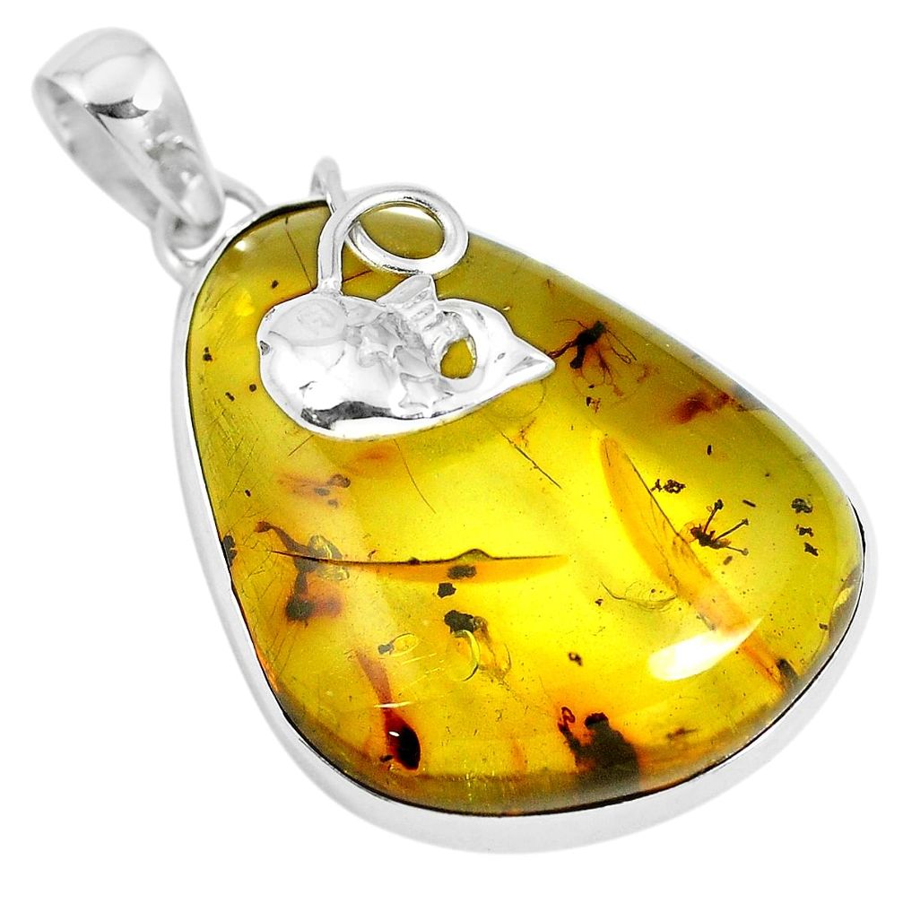 Natural green amber from colombia 925 silver fish pendant m75619