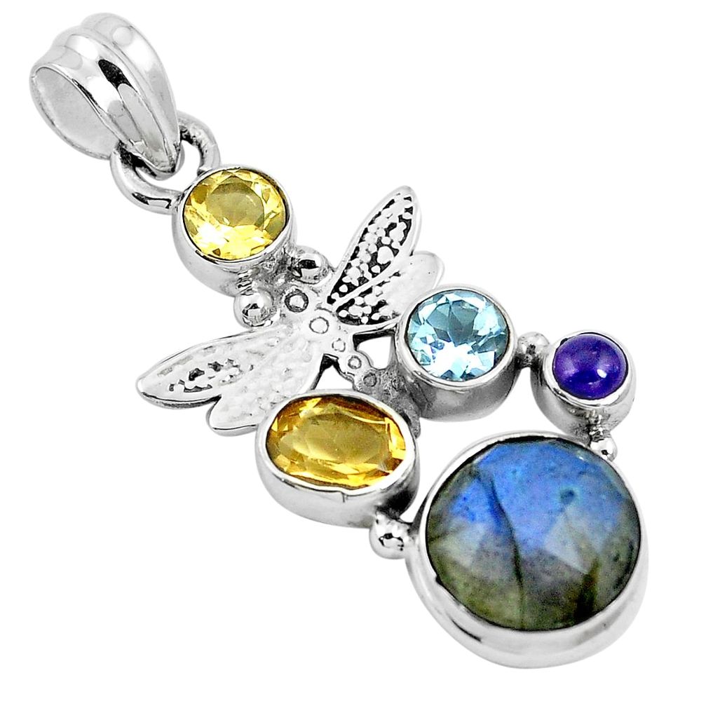 Natural blue labradorite amethyst 925 silver dragonfly pendant m75701