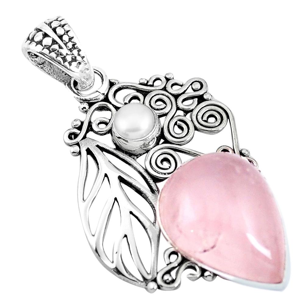 Natural pink rose quartz white pearl 925 sterling silver feather pendant m76154