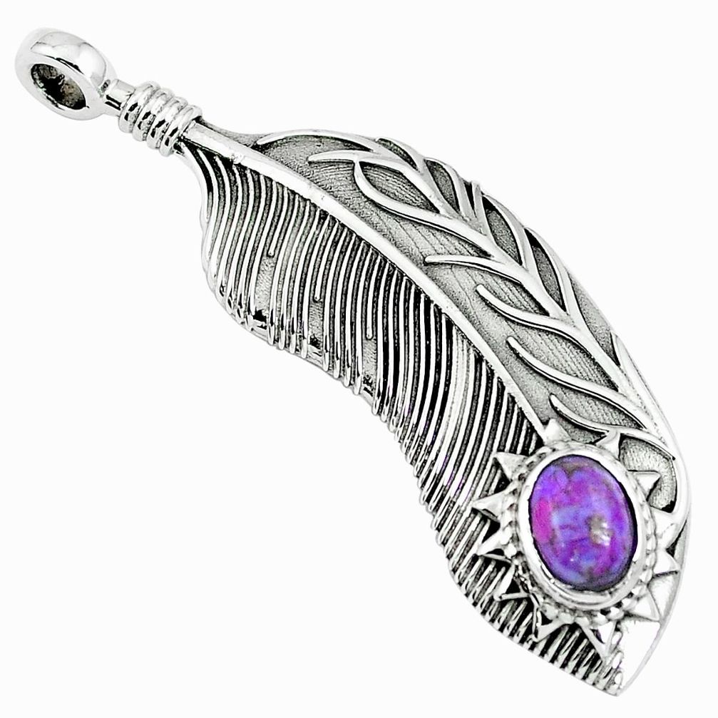 Purple copper turquoise 925 sterling silver feather charm pendant m76429