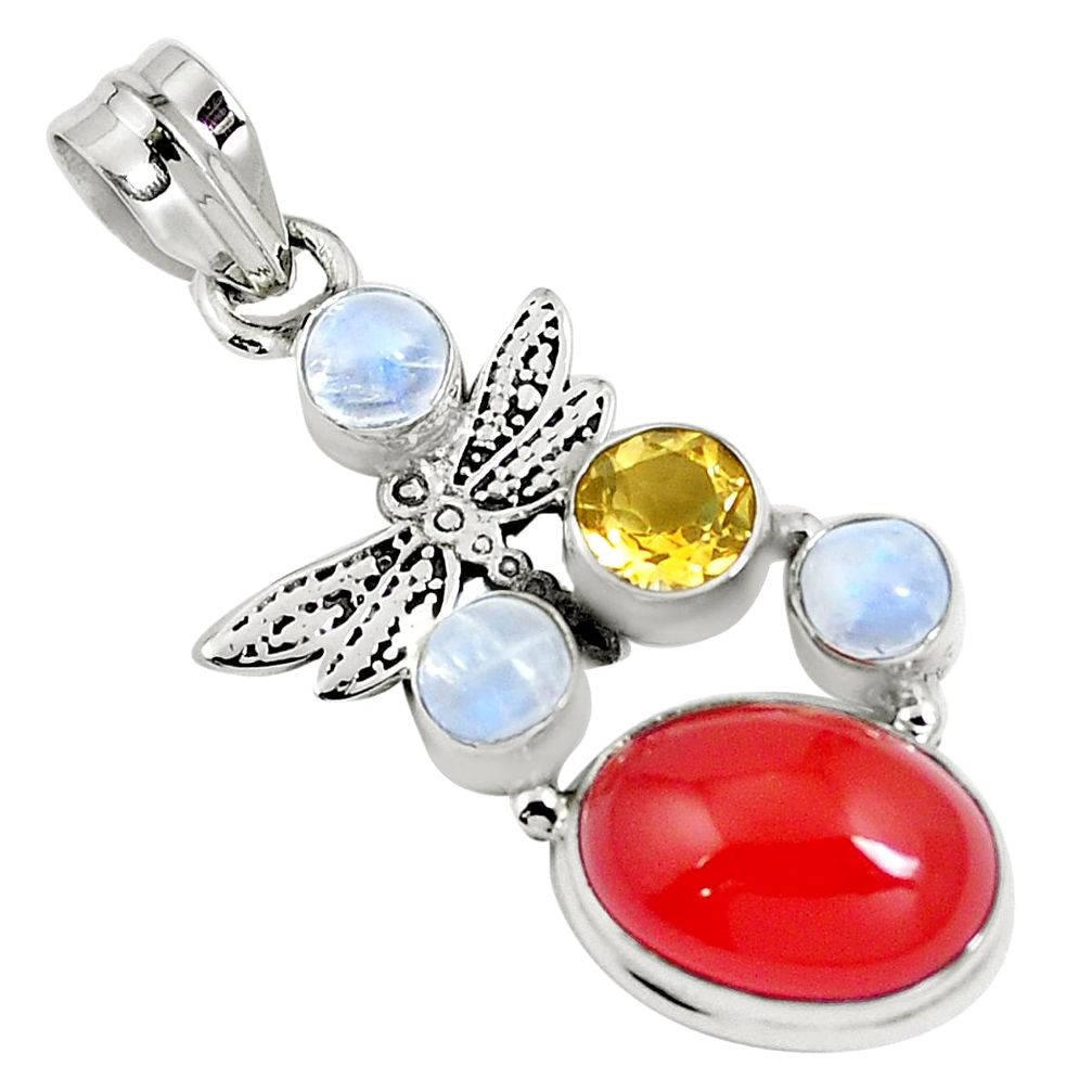 Natural orange cornelian (carnelian) 925 silver dragonfly pendant m76622