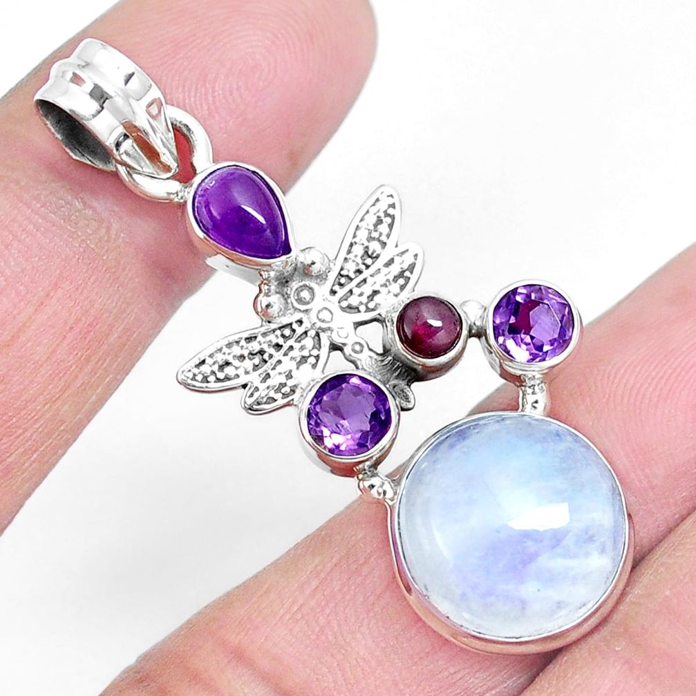 Natural rainbow moonstone amethyst 925 silver dragonfly pendant m76643