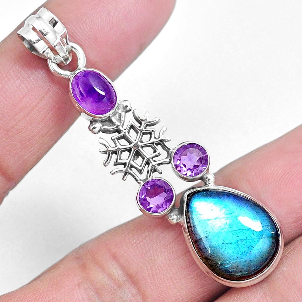 Natural blue labradorite amethyst 925 sterling silver pendant m76655