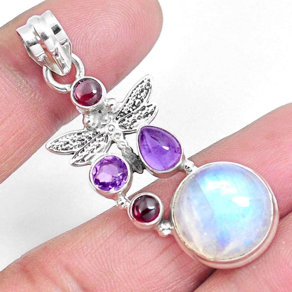 Natural rainbow moonstone amethyst 925 silver dragonfly pendant m76670