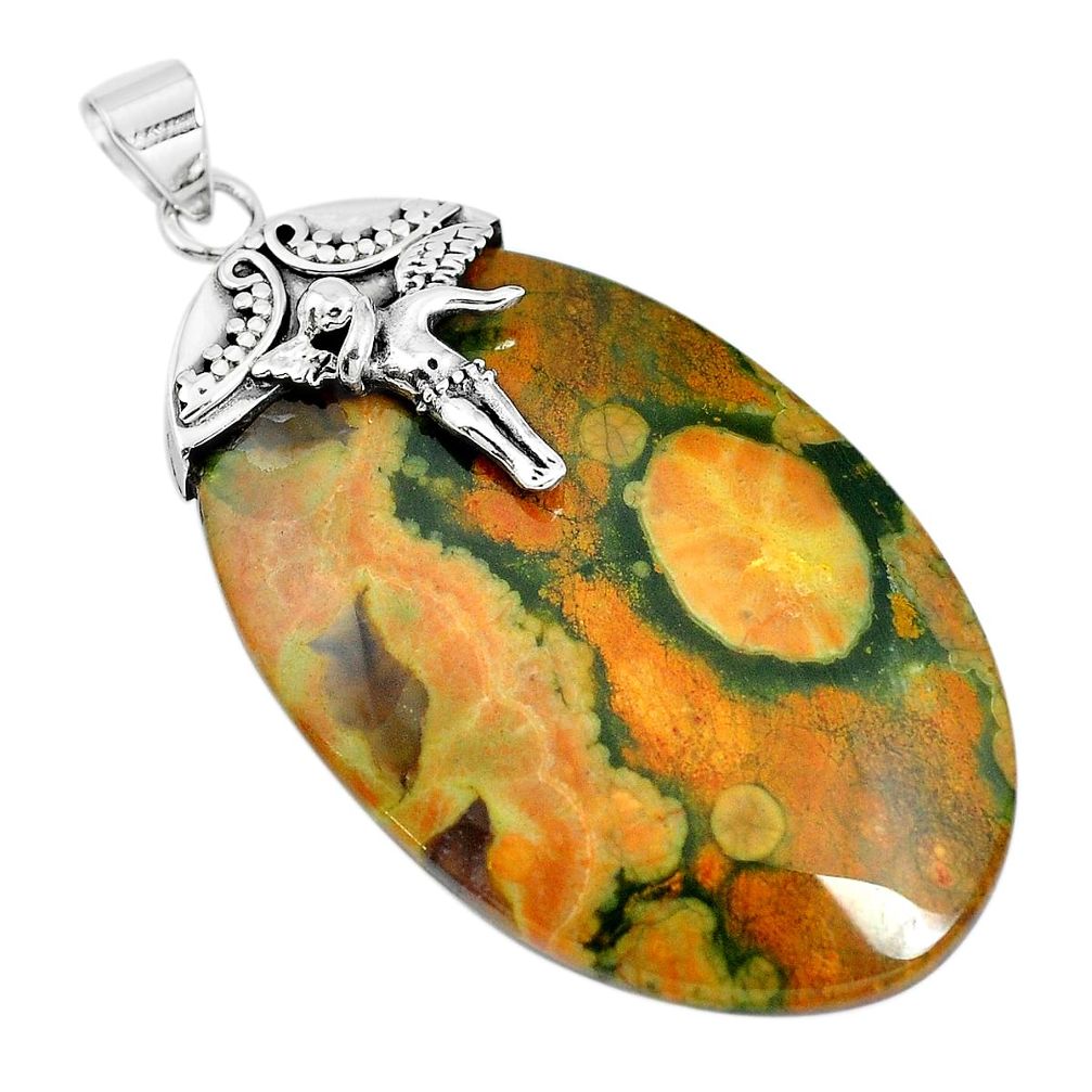 Natural rainforest rhyolite jasper 925 silver angel wings fairy pendant m76722