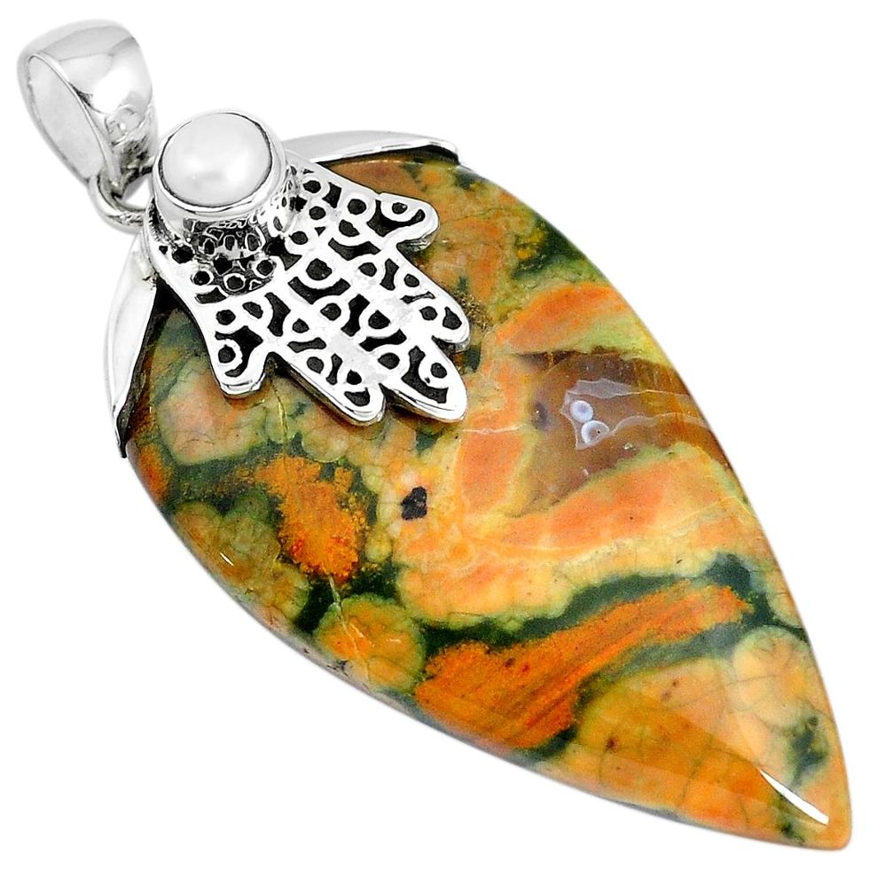 Natural rainforest rhyolite jasper 925 silver hand of god hamsa pendant m76725