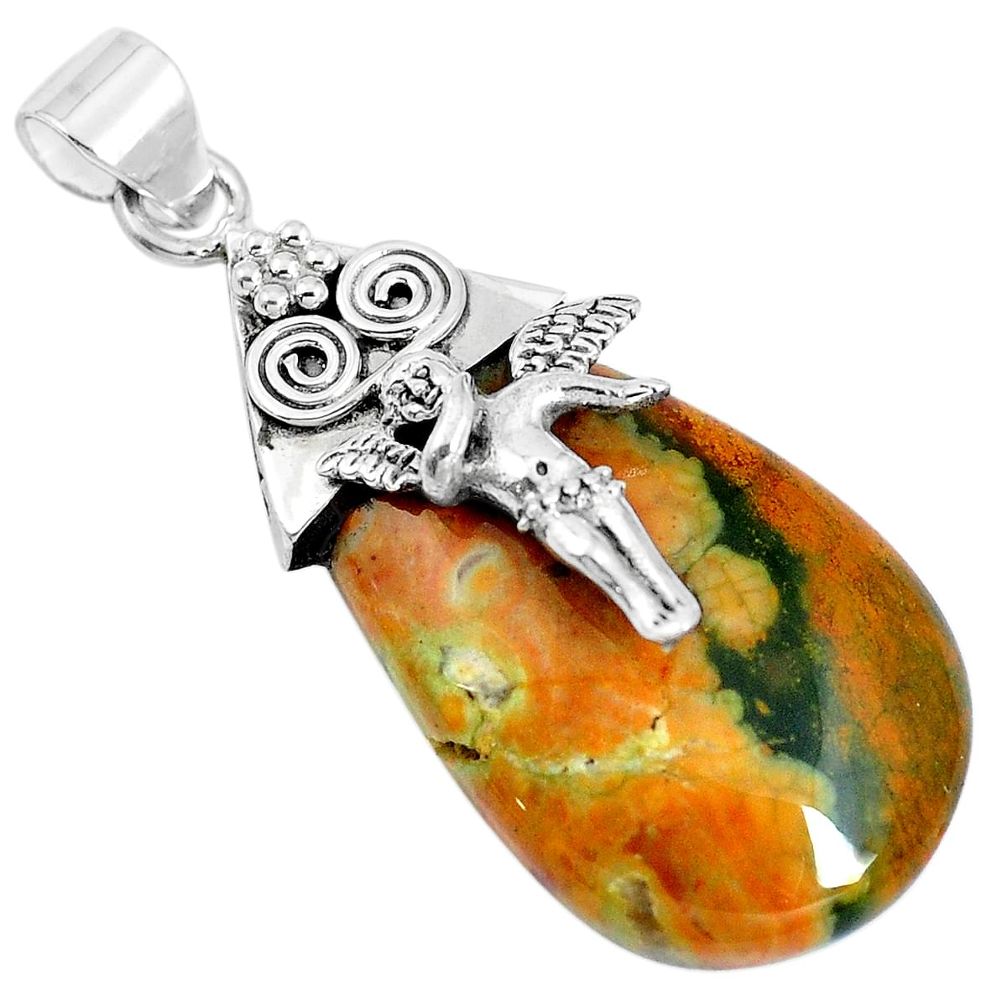 925 silver natural multi color rainforest rhyolite jasper angel pendant m76726